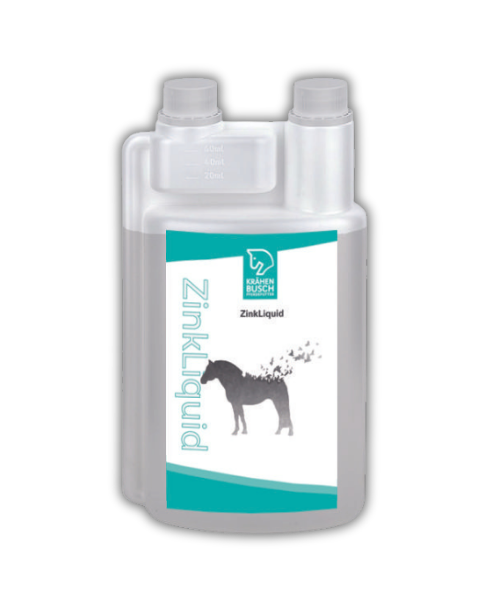 Krähenbusch ZinkLiquid flüssiges Zink für Pferde in weißer Dosierflasche mit Messkammer, Frontansicht