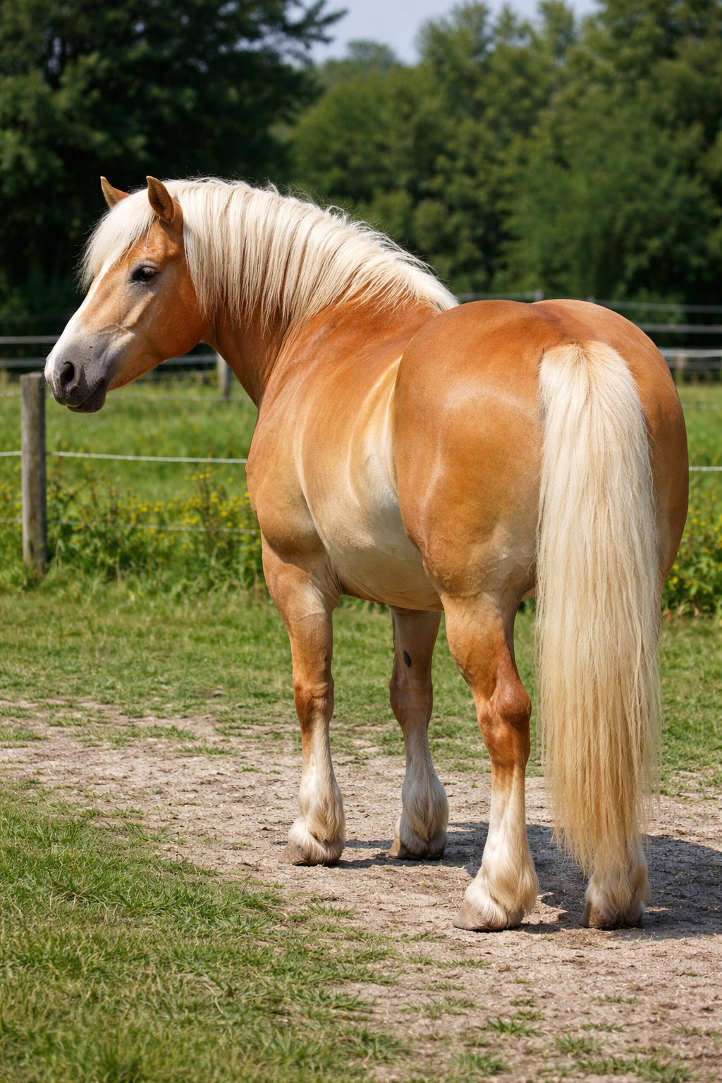 Haflinger Pferd mit EMS steht auf Weide