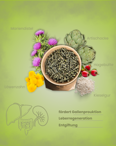 Inhaltsstoffe von Mineral Stoffwechsel für Pferde – Pellets mit Mariendistel, Artischocke, Hagebutte, Löwenzahn und Kieselgur