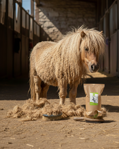 Shetlandpony im Stall mit Fellwechsel neben Krähenbusch Mineral Stoffwechsel, Bürste und losem Fell auf dem Boden