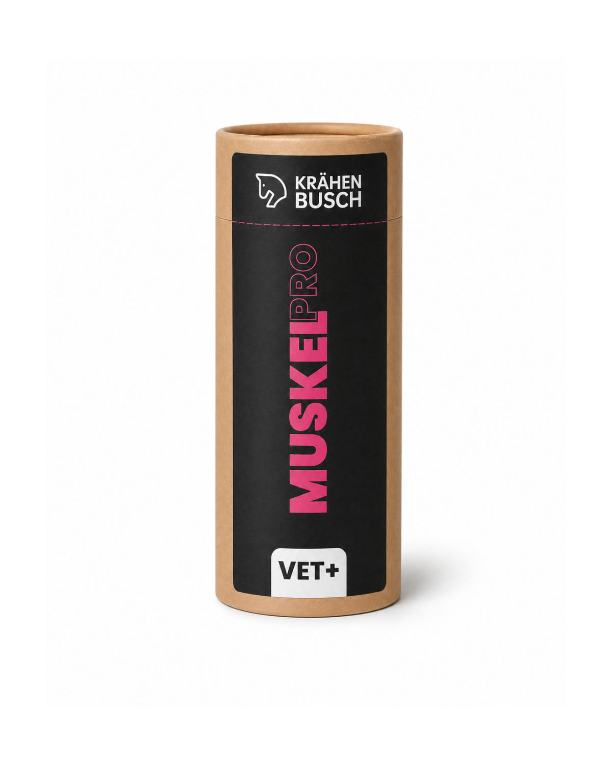Braune Pappdose mit Schwarzen Etikett. Bedruckt mit dem Logo von Krähenbusch in weiß im oberen Bereich. In der Mitte in der Farbe Pink der Schriftzug MuskelPro sowie unten mit schwarzer Schrift VET+ auf weißen Hintergrund. Das Gesamte Bild hat einen weißen Hintergrund.