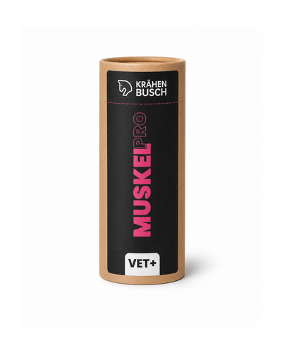 Braune Pappdose mit Schwarzen Etikett. Bedruckt mit dem Logo von Krähenbusch in weiß im oberen Bereich. In der Mitte in der Farbe Pink der Schriftzug MuskelPro sowie unten mit schwarzer Schrift VET+ auf weißen Hintergrund. Das Gesamte Bild hat einen weißen Hintergrund.